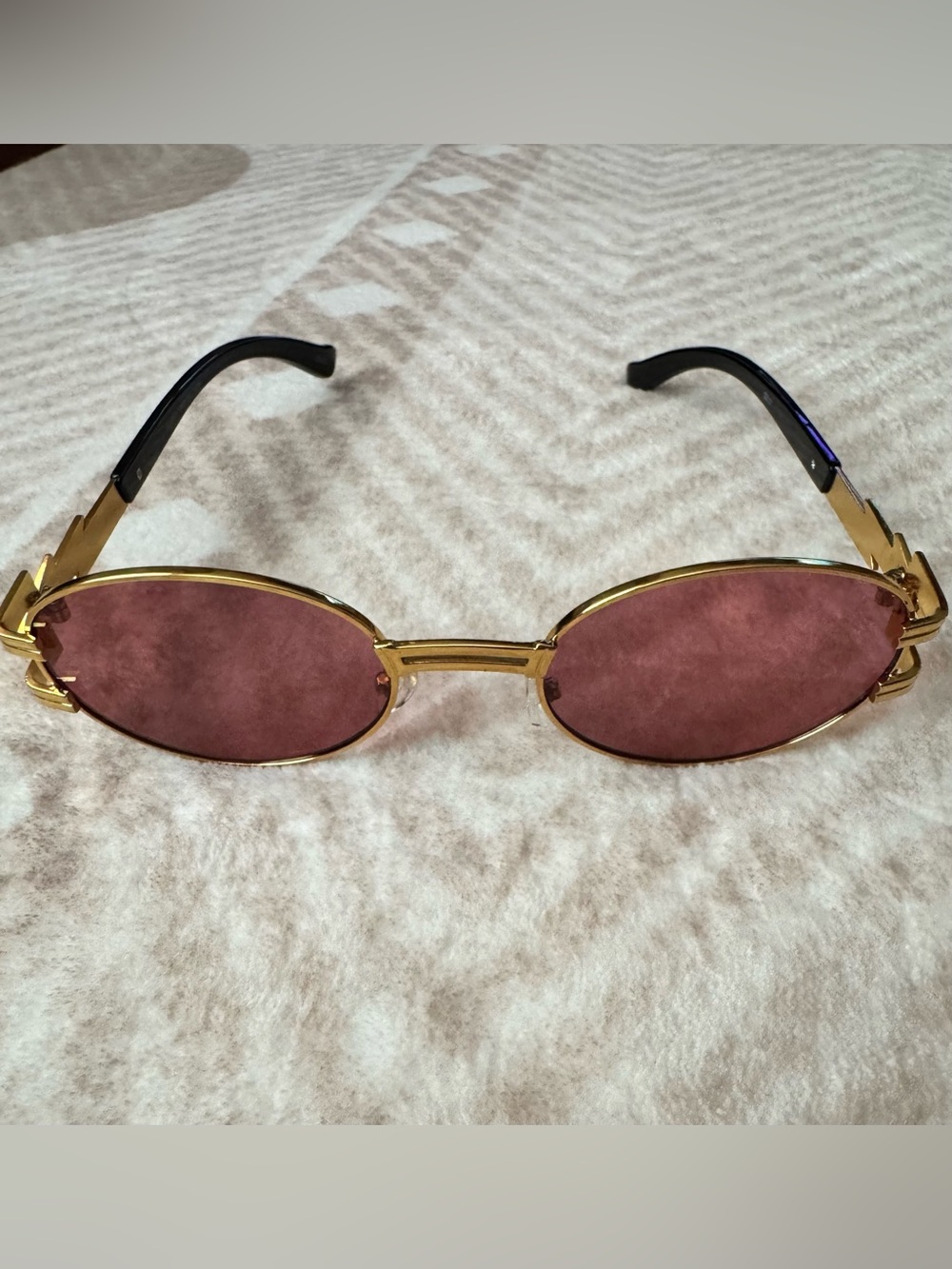 Gold Frame Oval Sunglasses with Pink Lenses